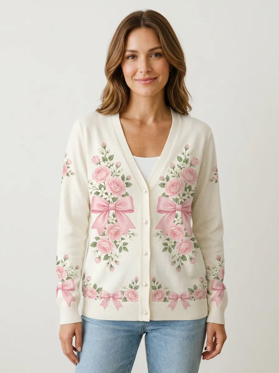 Women's Breast Cancer Awareness Pink Rose Bow Printed Cardigan