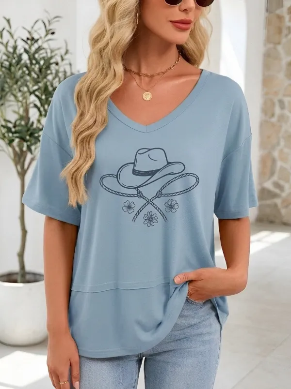 Women's Western Cowgirl Cowboy Hat Lasso Flower Printed T-shirt