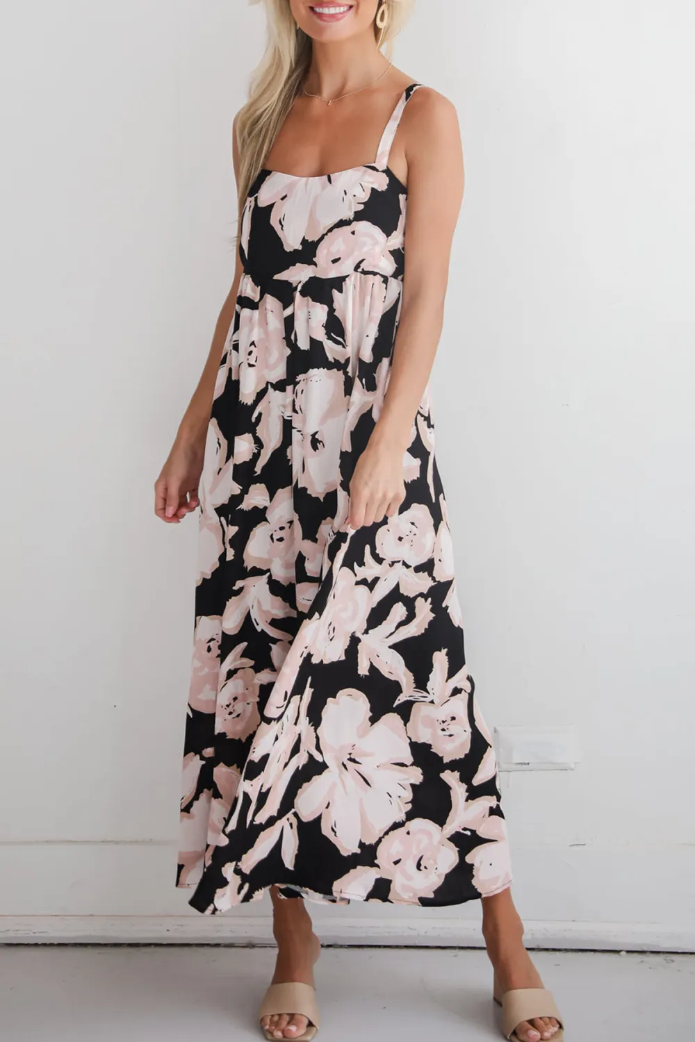 Black Strapless Floral Midi Dress