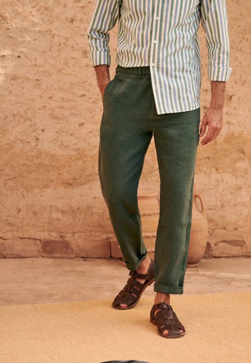 Dark Green Lightweight Linen Blend Straight Trousers