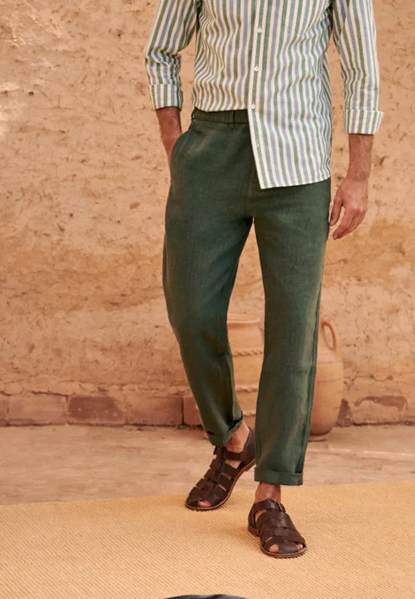Dark Green Lightweight Linen Blend Straight Trousers