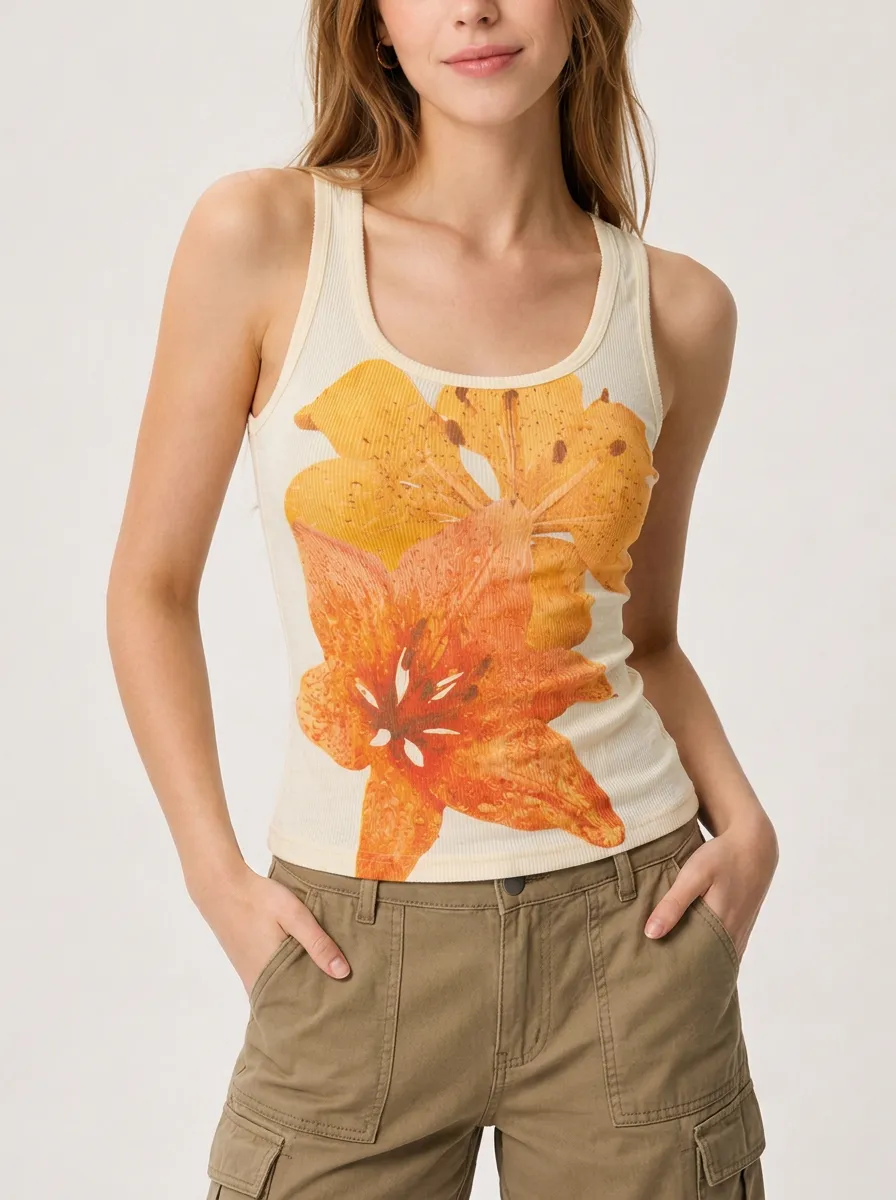 Women's Floral-Inspired Lily Scoop-Neck Ribbed Tank Top