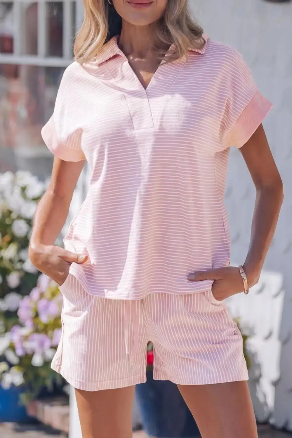 Stripe Dolman Sleeve Polo Shirt Drawstring Shorts Set