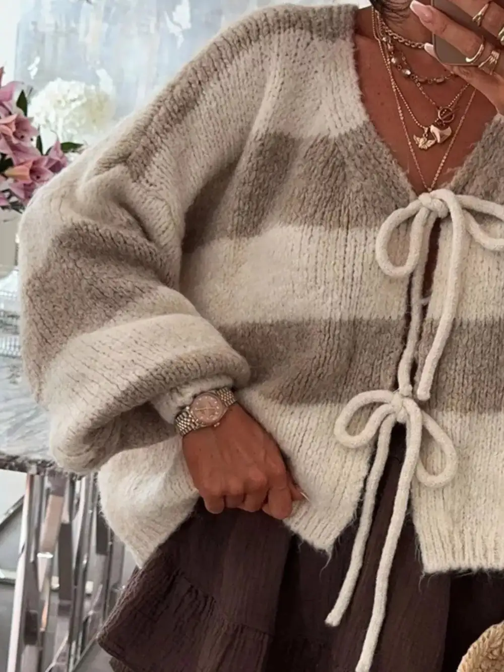 Tie-Front Knit Striped Cardigan