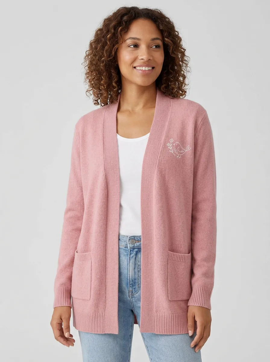 Pink Modern Bird Floral Embroidered Cardigan