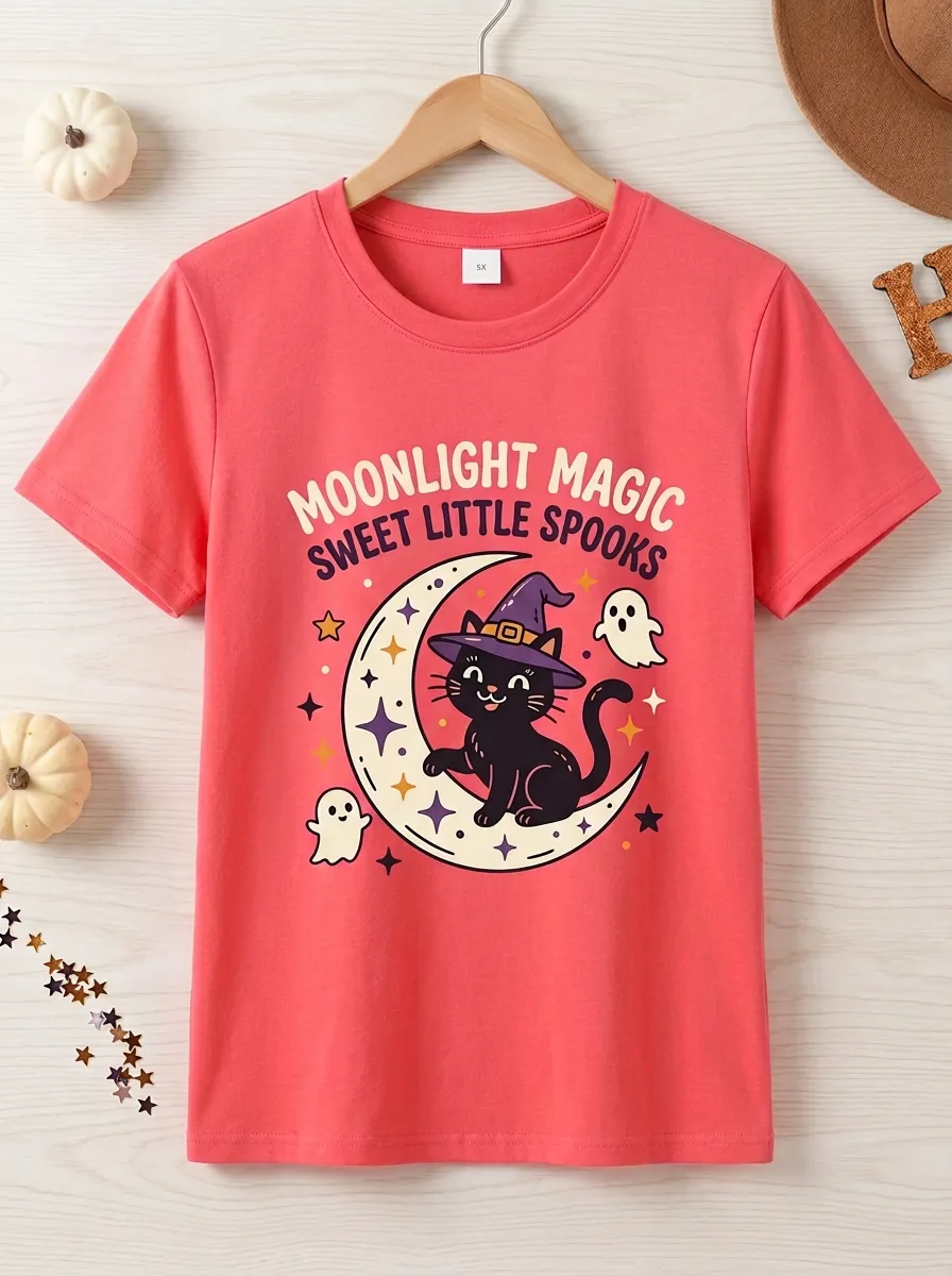 Ghost -Cat Cat Halloween Graphic T-Shirt