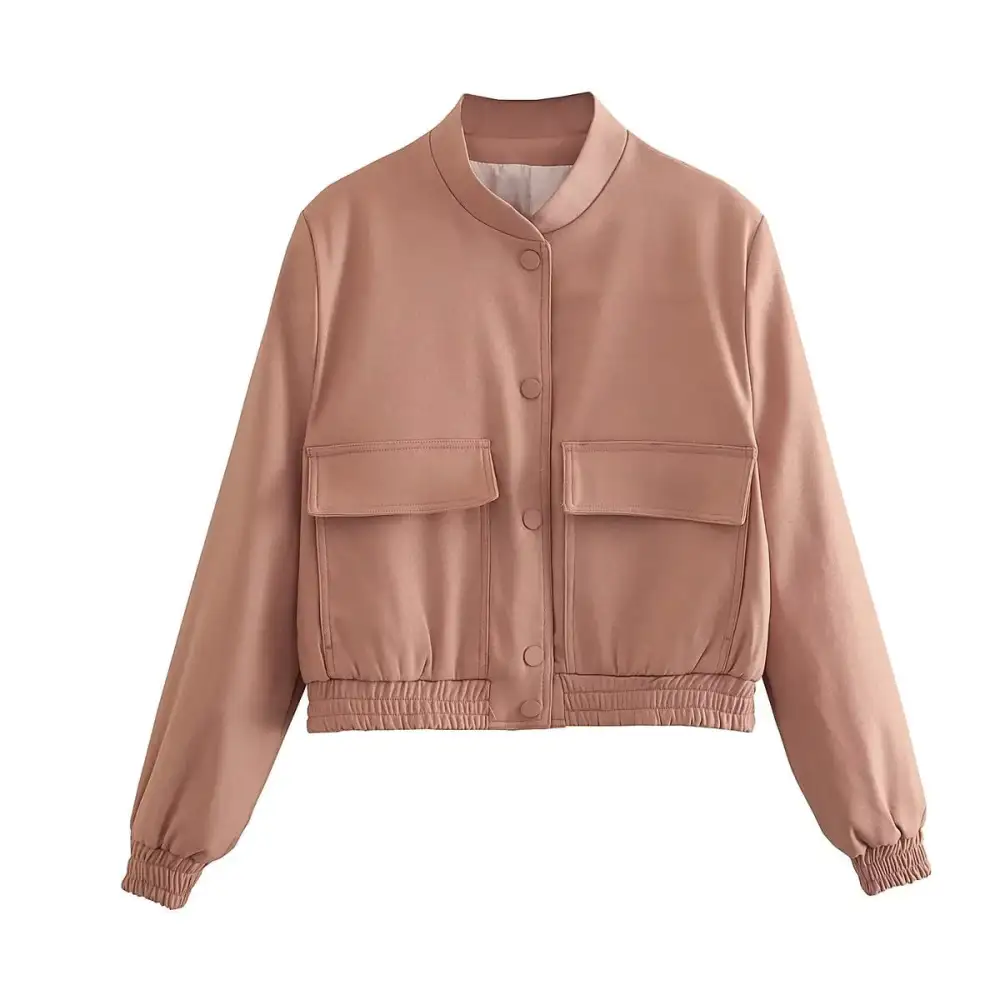 Cropped Stand Collar Snap Front Patch Pocket Bomber Jacket