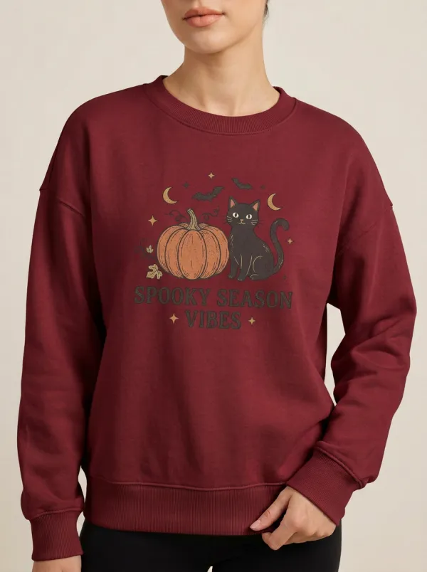 Women's Halloween Spooky Season Black Cat Pumpkin Printed Sweatshirt