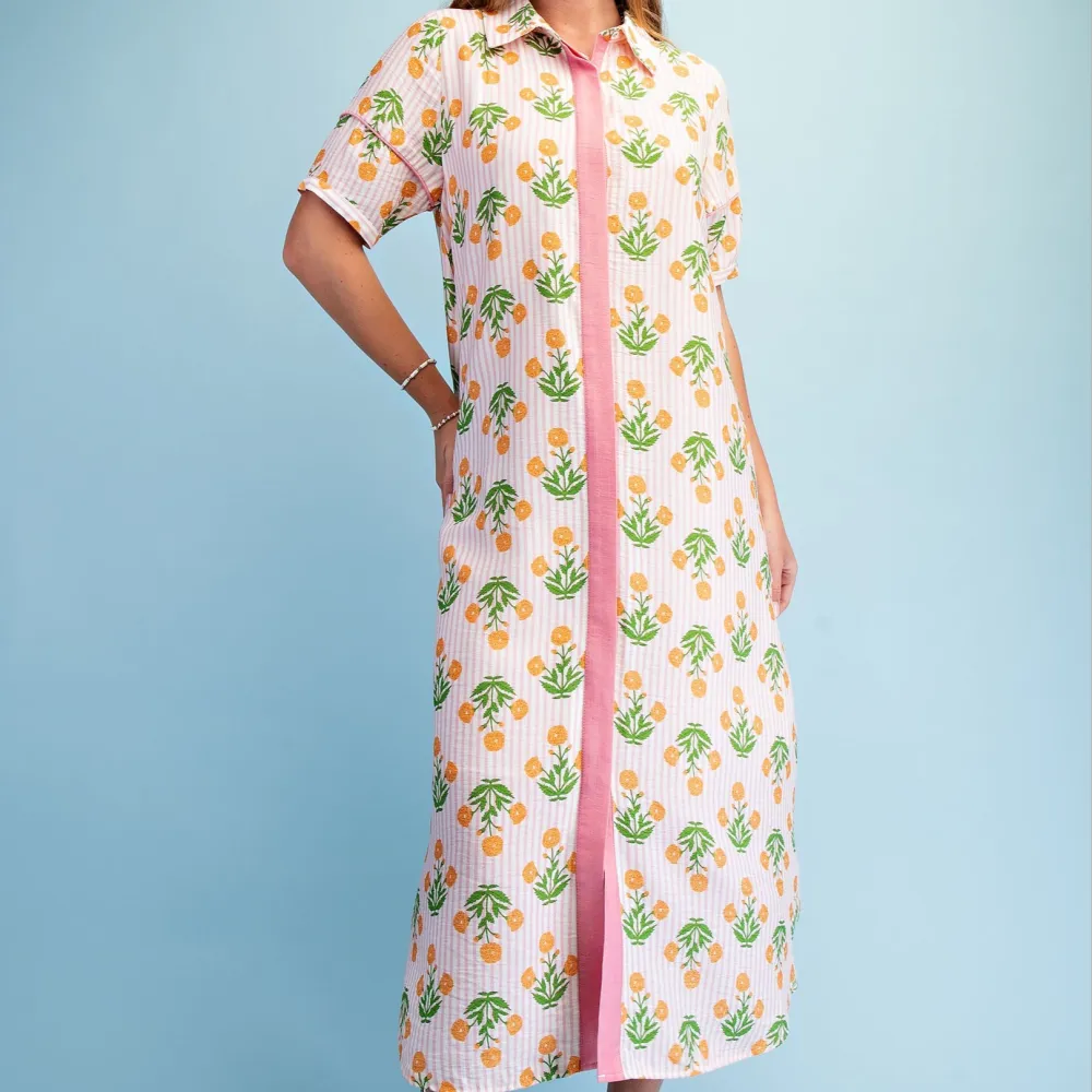 Floral Striped Short Sleeve Collared Dress