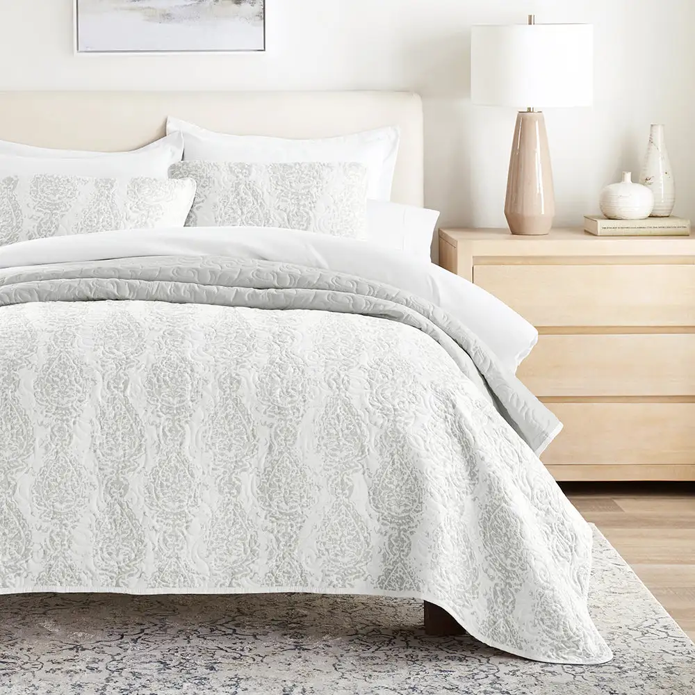 Distressed Damask Reversible Quilted Coverlet Set