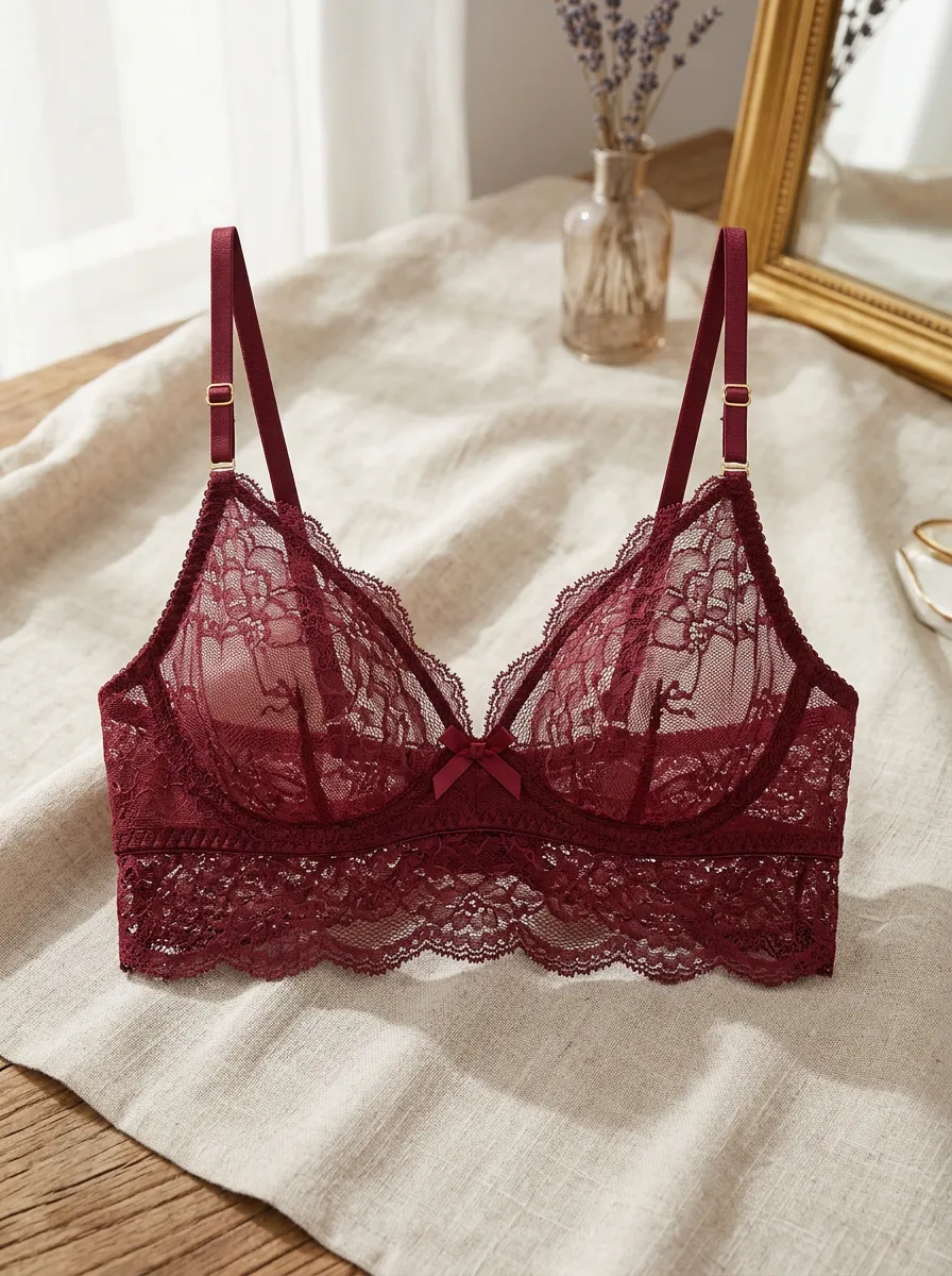 Women's Burgundy Floral Lace Sheer Bralette Underwear