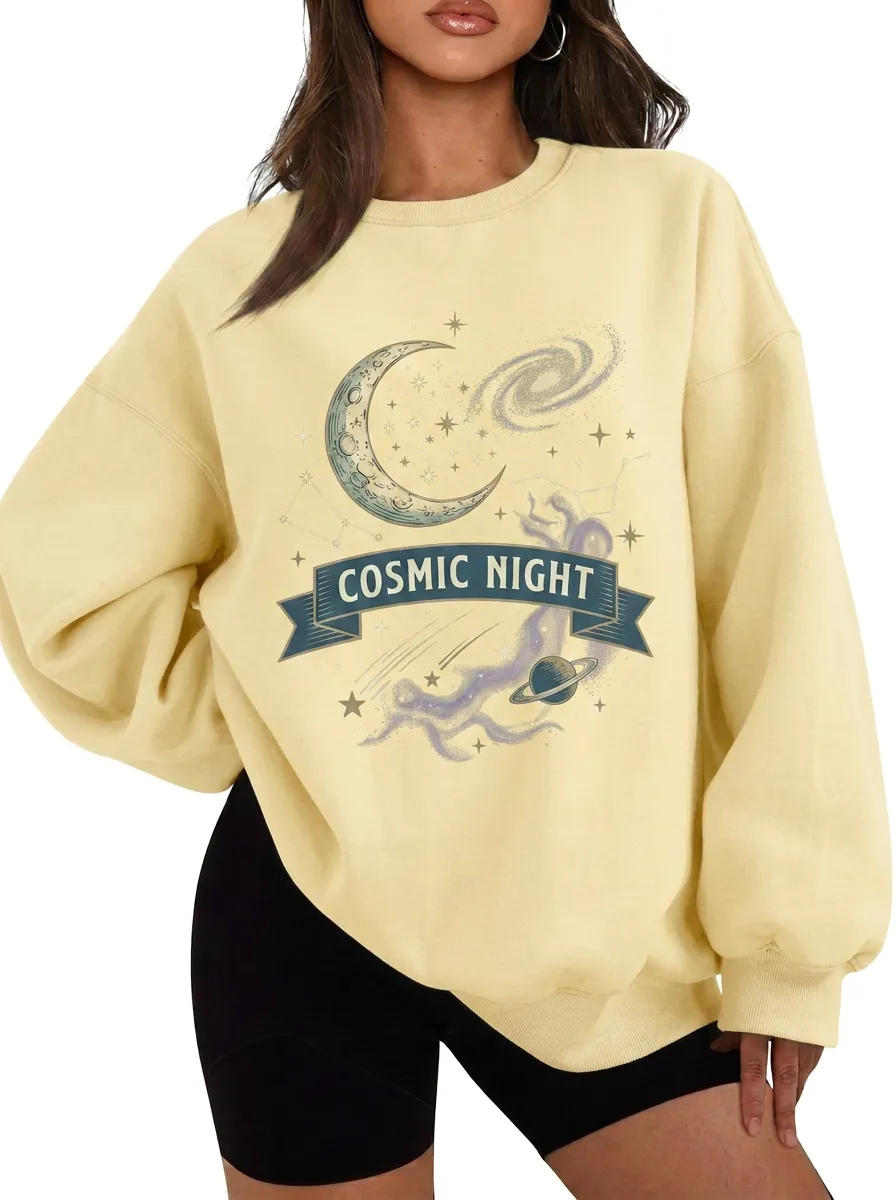 Women's Astronomy Lover Cosmic Night Moon Stars Printed T-shirt