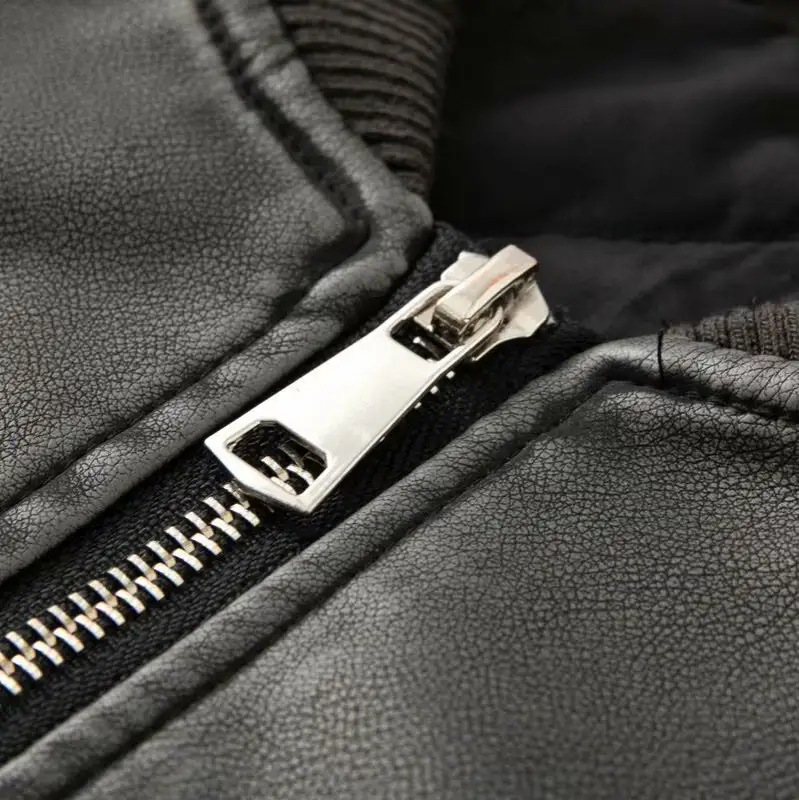 Relaxed Faux Leather Zip Front Ribbed Trim Bomber Jacket