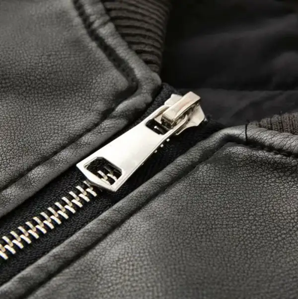 Relaxed Faux Leather Zip Front Ribbed Trim Bomber Jacket