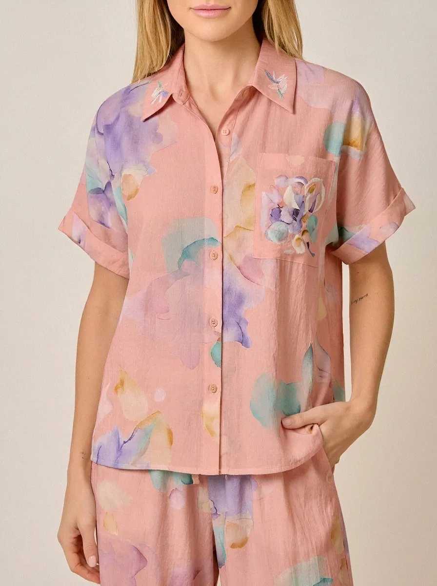 Women's Abstract Floral Watercolor Printed Button-Down Shirt