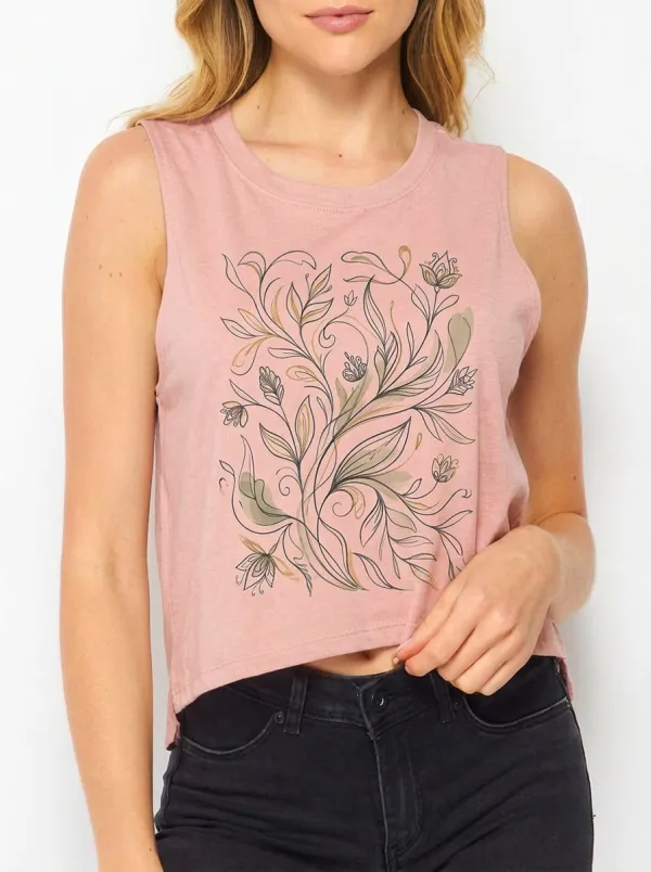Women's Botanical Nature Lover Floral Line Art Printed Crop Tank Top