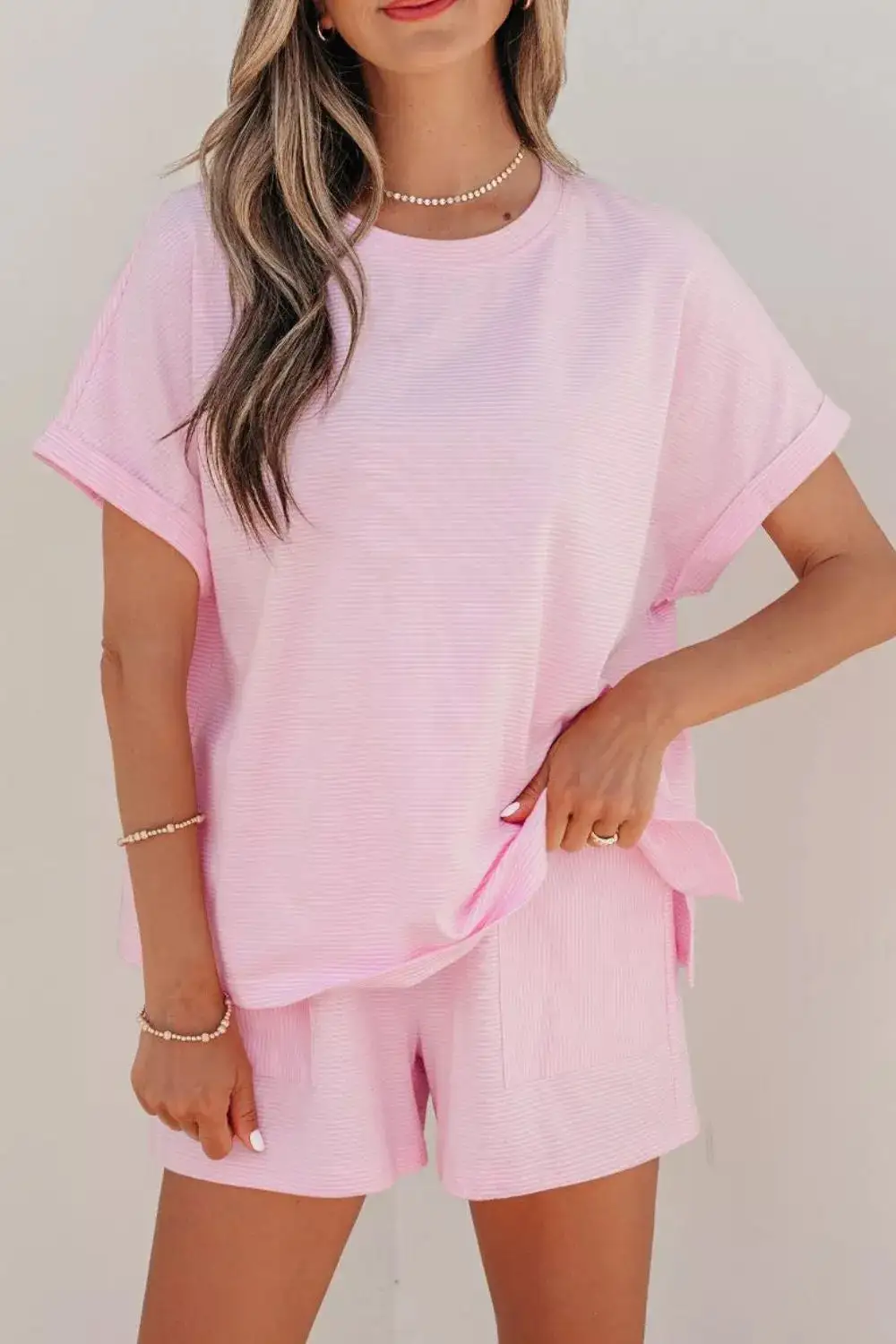 Stripe Matching Oversized Tee Drawstring Shorts Set