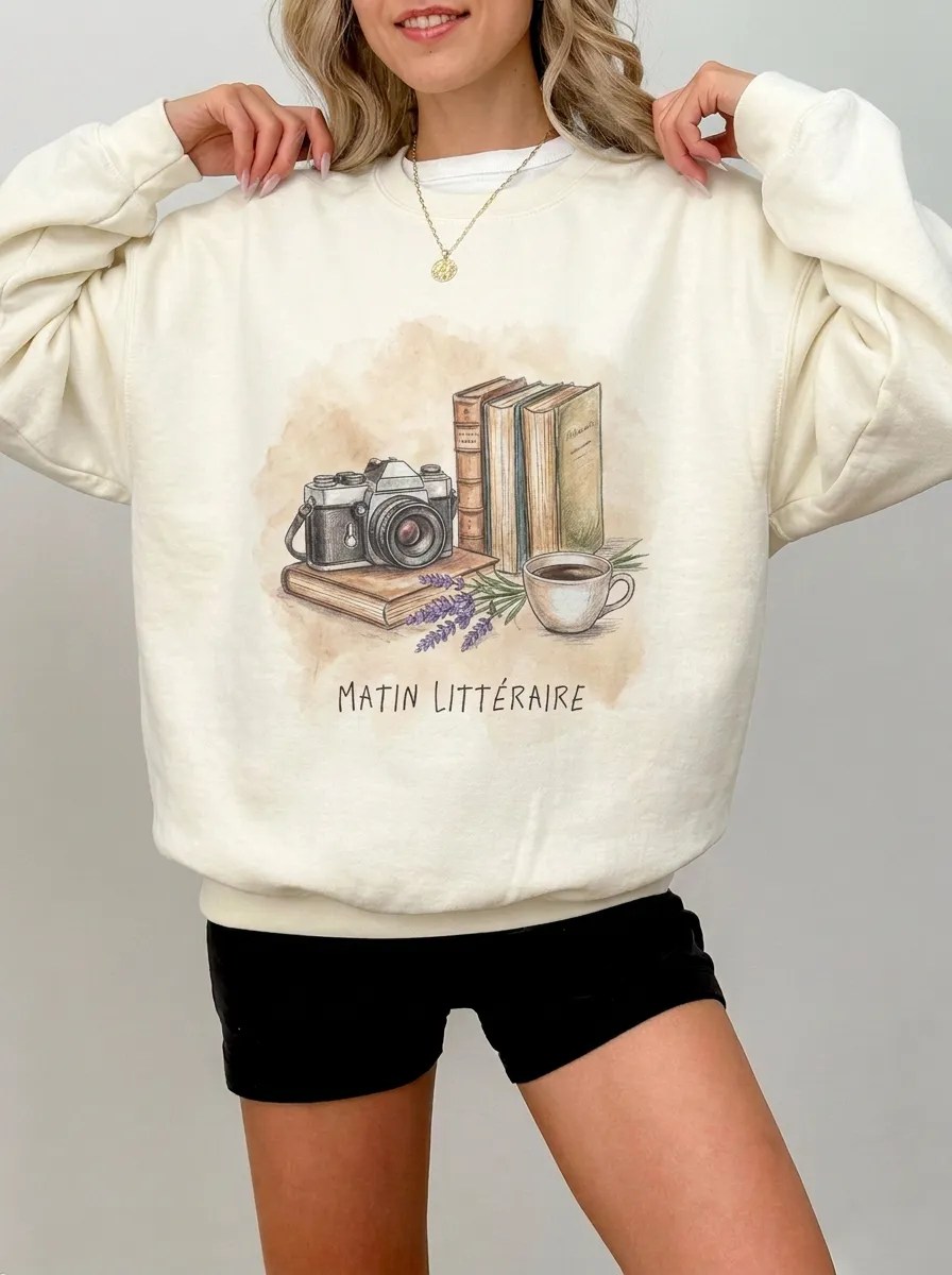 Women's Book Lover Camera Coffee Printed Sweatshirt