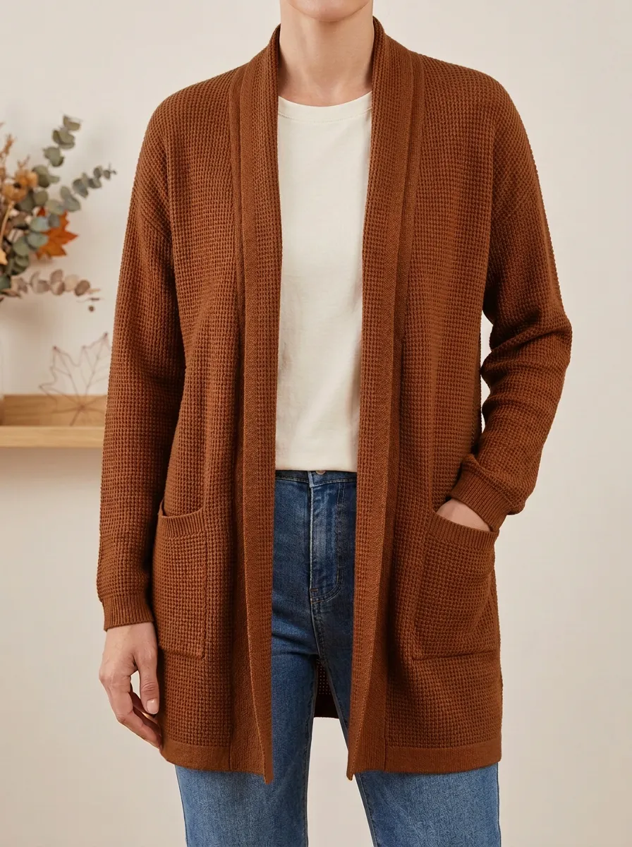 Everyday Waffle-Knit Open-Front Knit Cardigan