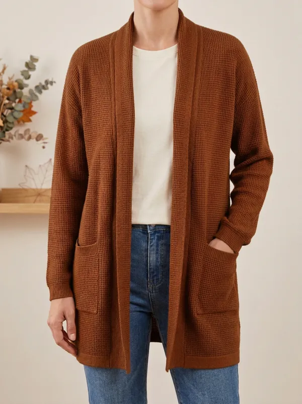 Everyday Waffle-Knit Open-Front Knit Cardigan