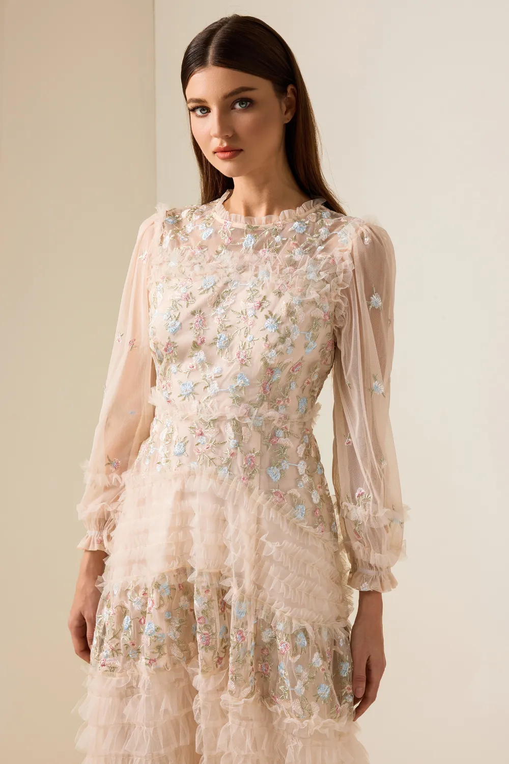 Mesh Embroidered Frill Midi Dress