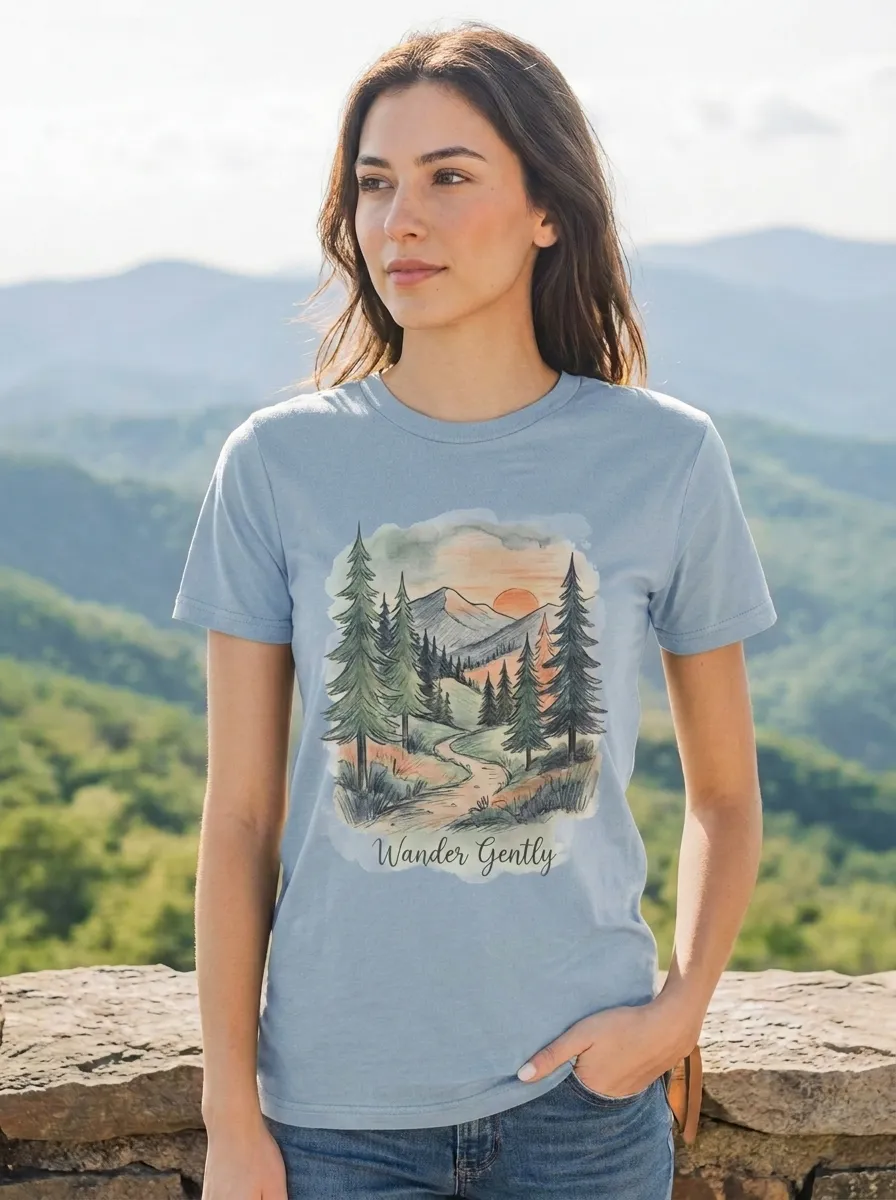 Women's Nature Lover Wander Gently Mountain Forest Printed T-shirt