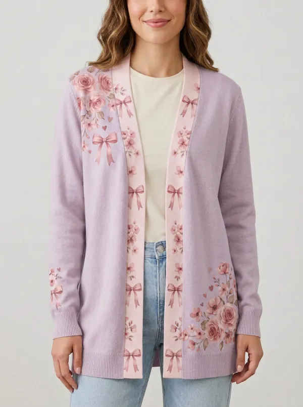 Women's Breast Cancer Awareness Pink Rose Bow Printed Cardigan