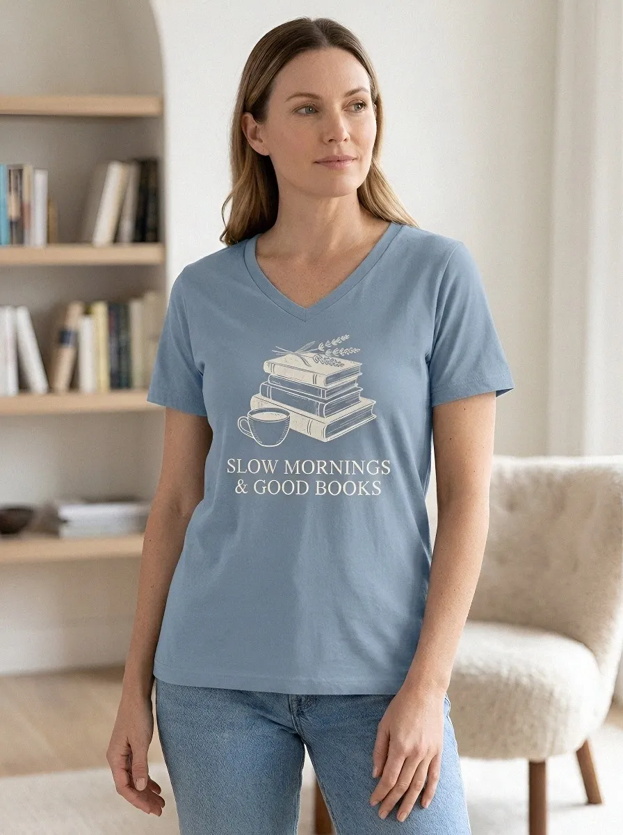 Women's Book Lover Coffee Slow Mornings Printed V-Neck T-Shirt