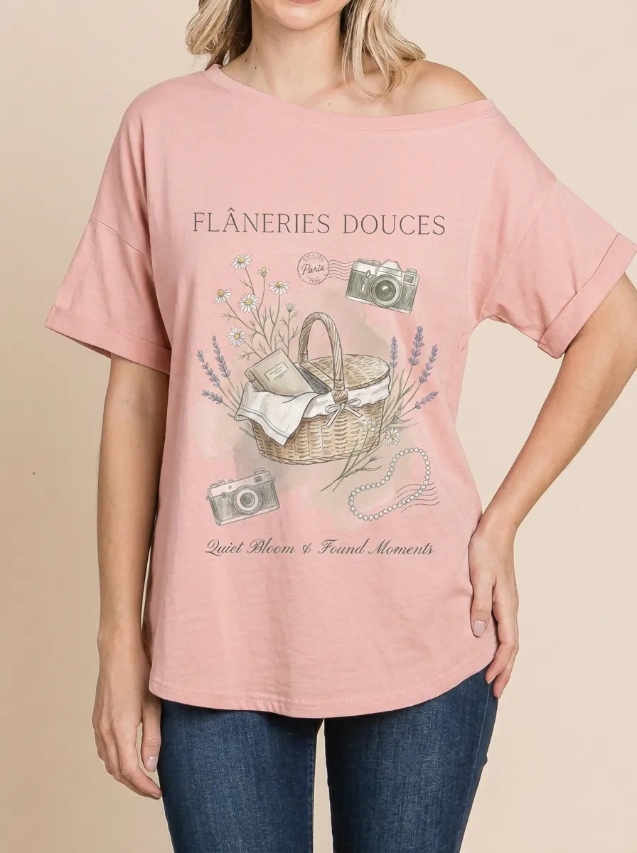 Women's Picnic Aesthetic Camera Flower Basket Printed T-shirt