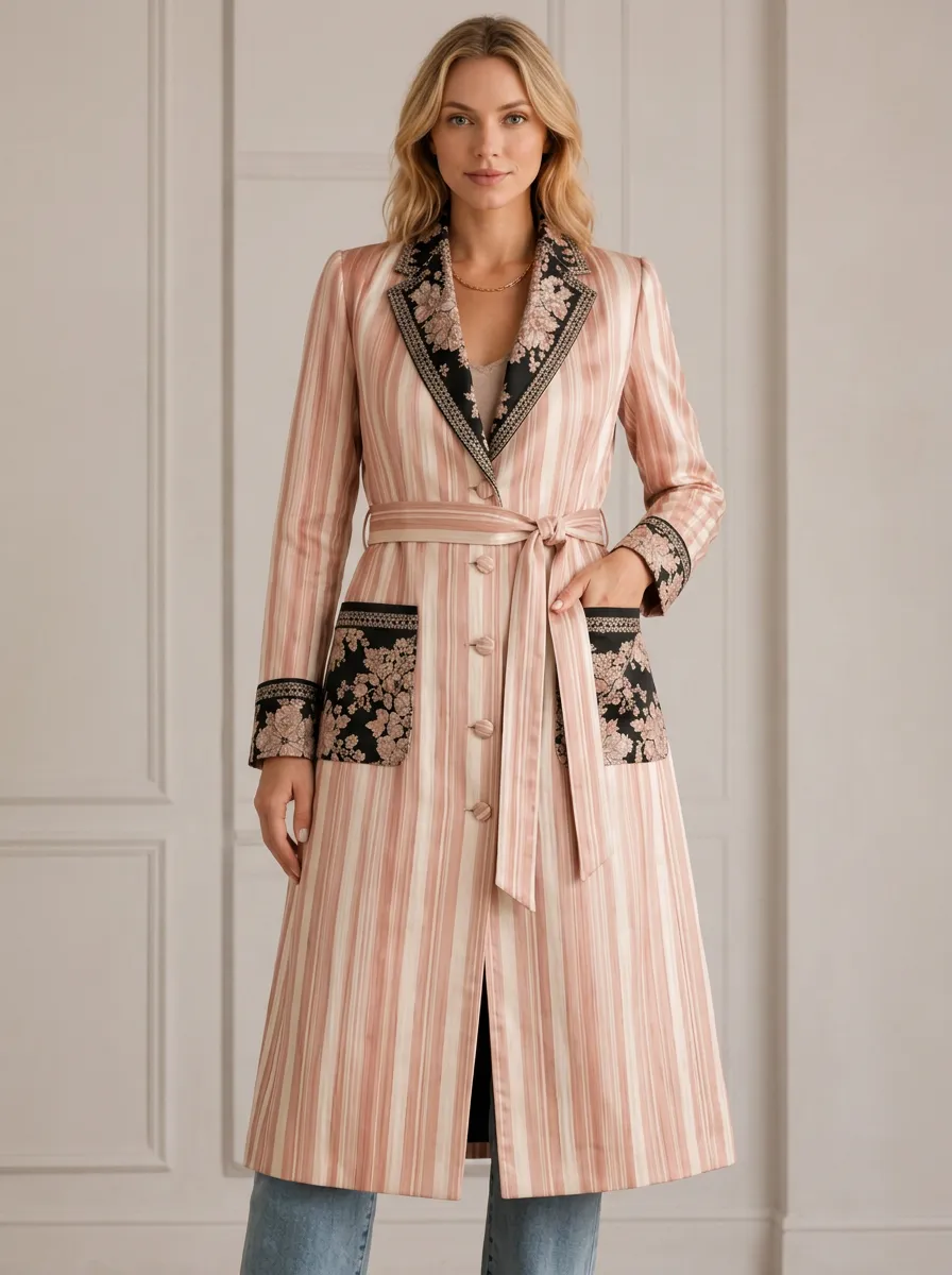 Women's Floral Striped Contrast Printed Trench Coat