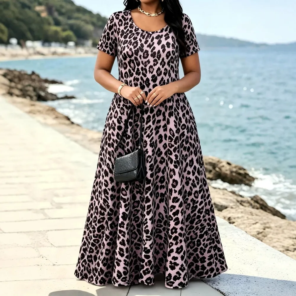 Hot Sale -60% OFF-Women's Leopard Print Maxi Dress with Pockets Casual Short Sleeve Long Dress