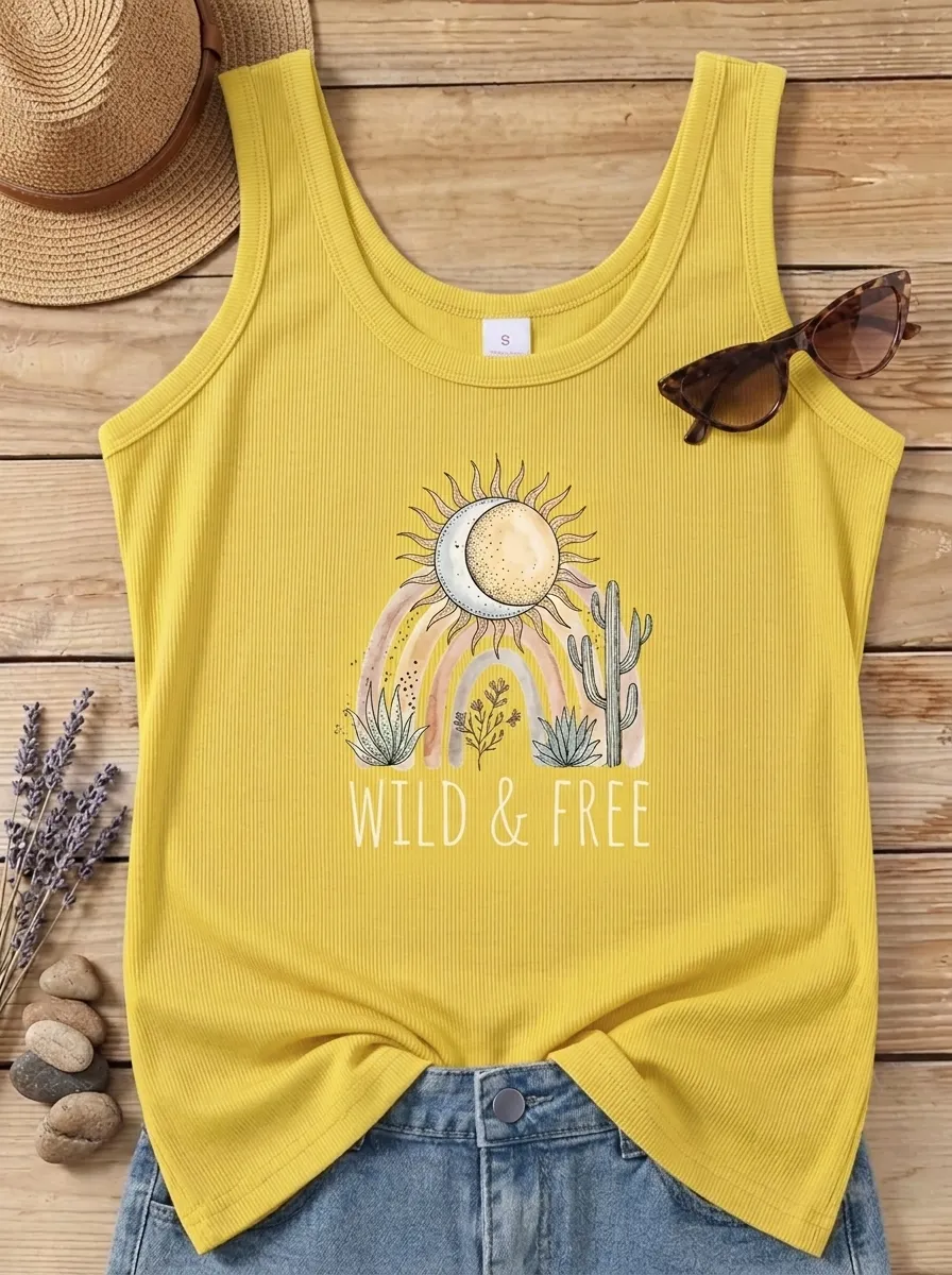 Women's Boho Wild & Free Sun Moon Cactus Rainbow Printed Tank Top