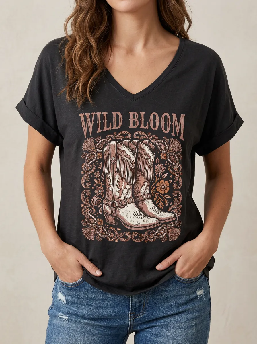Women's Western Cowboy Boot Wild Bloom Printed V-neck T-shirt