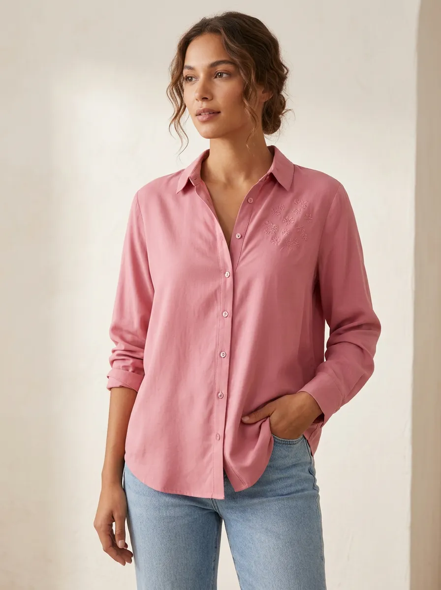 Women's Pink Floral Embroidered Button Down Shirt