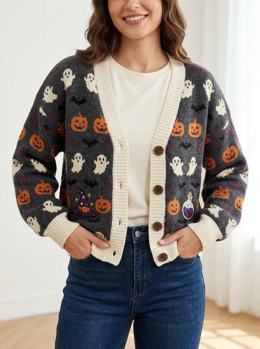 Women's Halloween Ghost Pumpkin Bat Patterned Knitted Cardigan