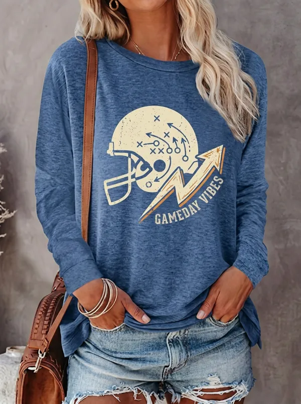Women's Football Gameday Vibes Helmet Playbook Printed Long Sleeve Shirt