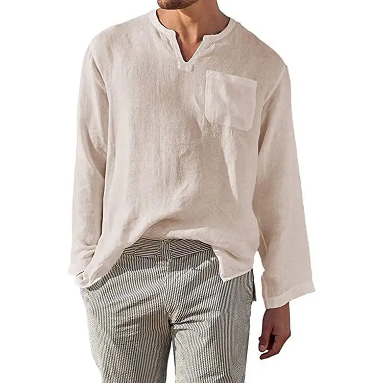 Men's Linen Long-Sleeve Shirt With Henley Neckline And Chest Pocket