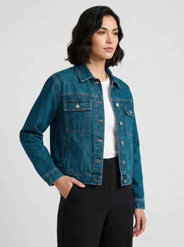 Women's Classic Blue Denim Button-Down Denim Jacket