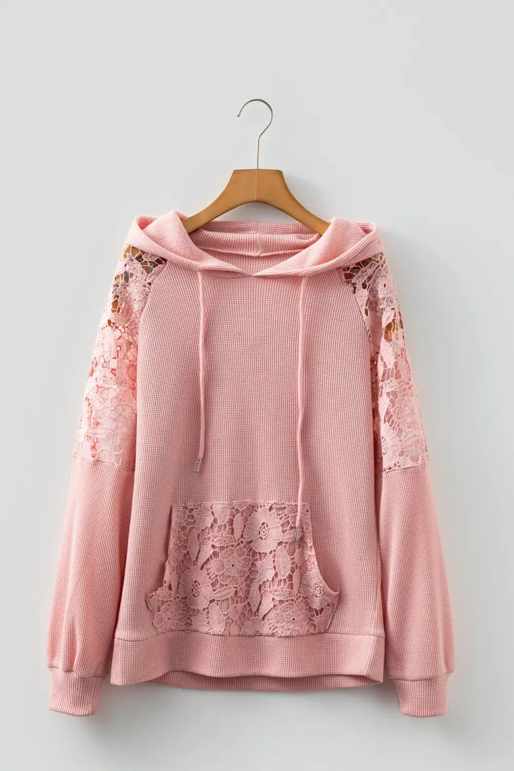 Kangaroo-Pocket Raglan-Sleeve Waffle-Textured Patchwork Hoodie