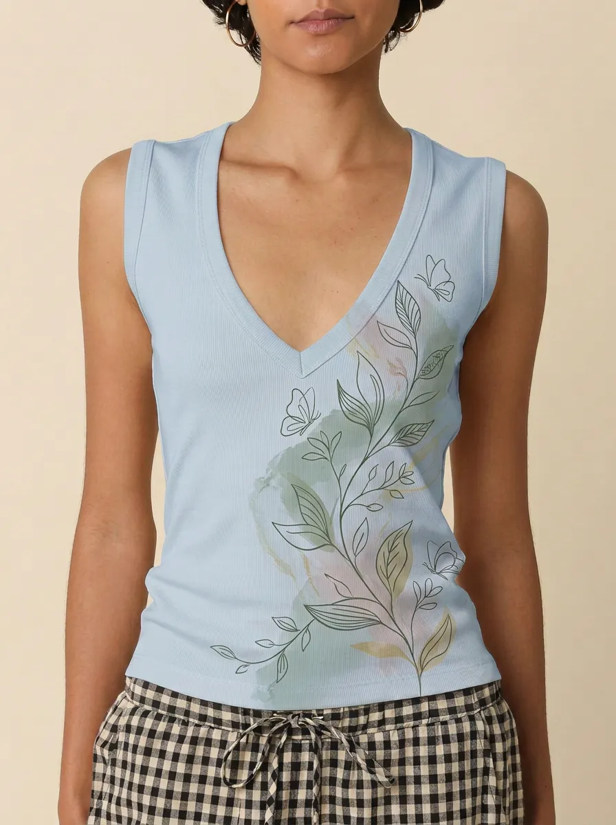 Women's Botanical Butterfly Watercolor Printed V-Neck Tank Top