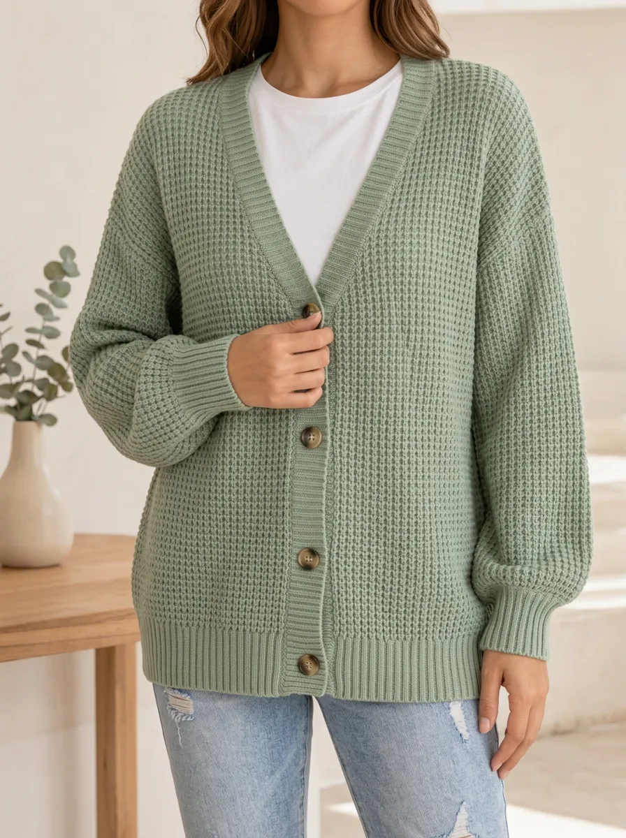 Women's Relaxed Waffle Knit Button Front V Neck Cardigan
