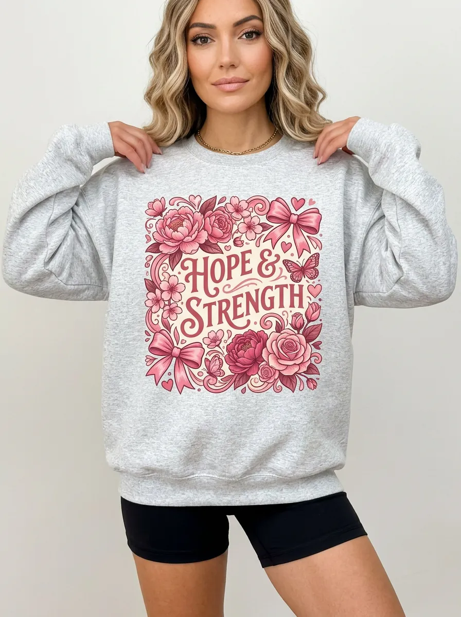 Women's Breast Cancer Awareness Hope Strength Floral Butterfly Printed Sweatshirt