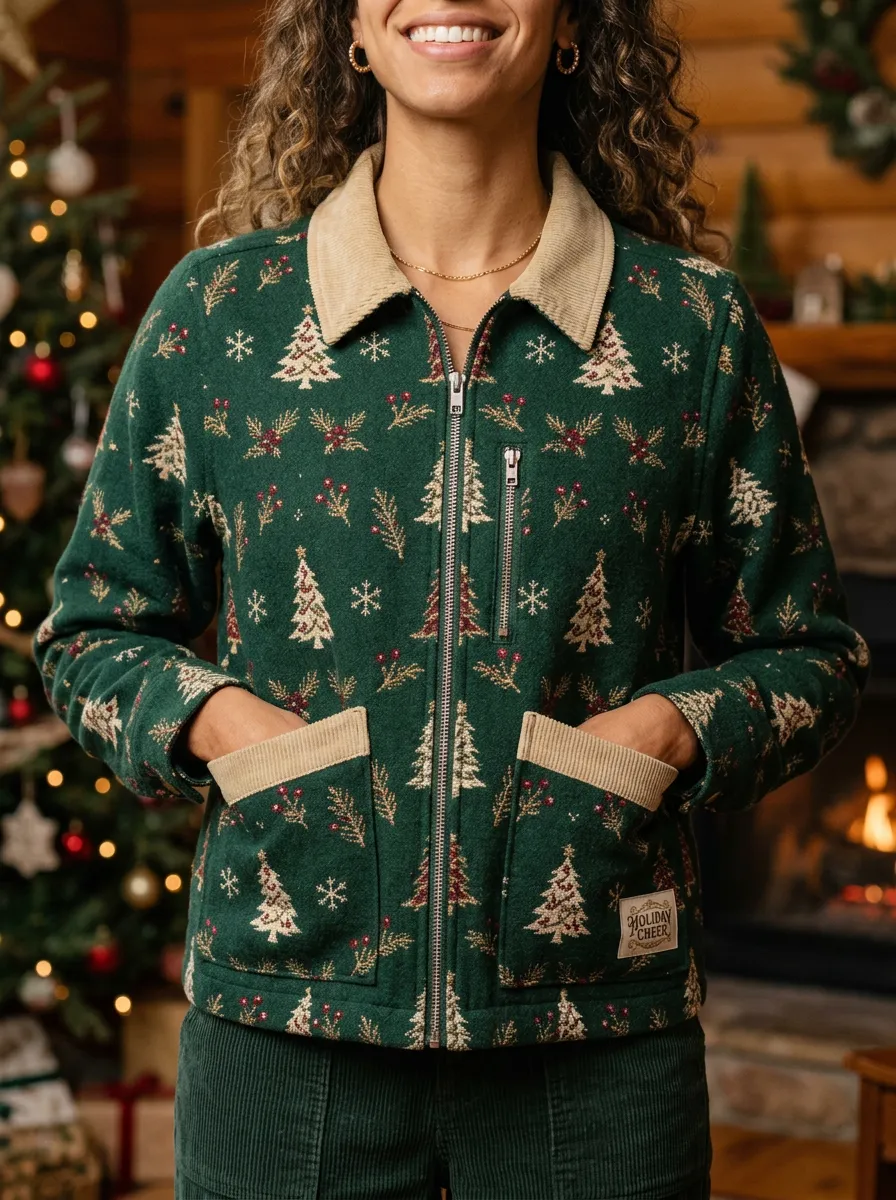 Christmas Holiday Tree Snowflake Print Zip-up Jacket