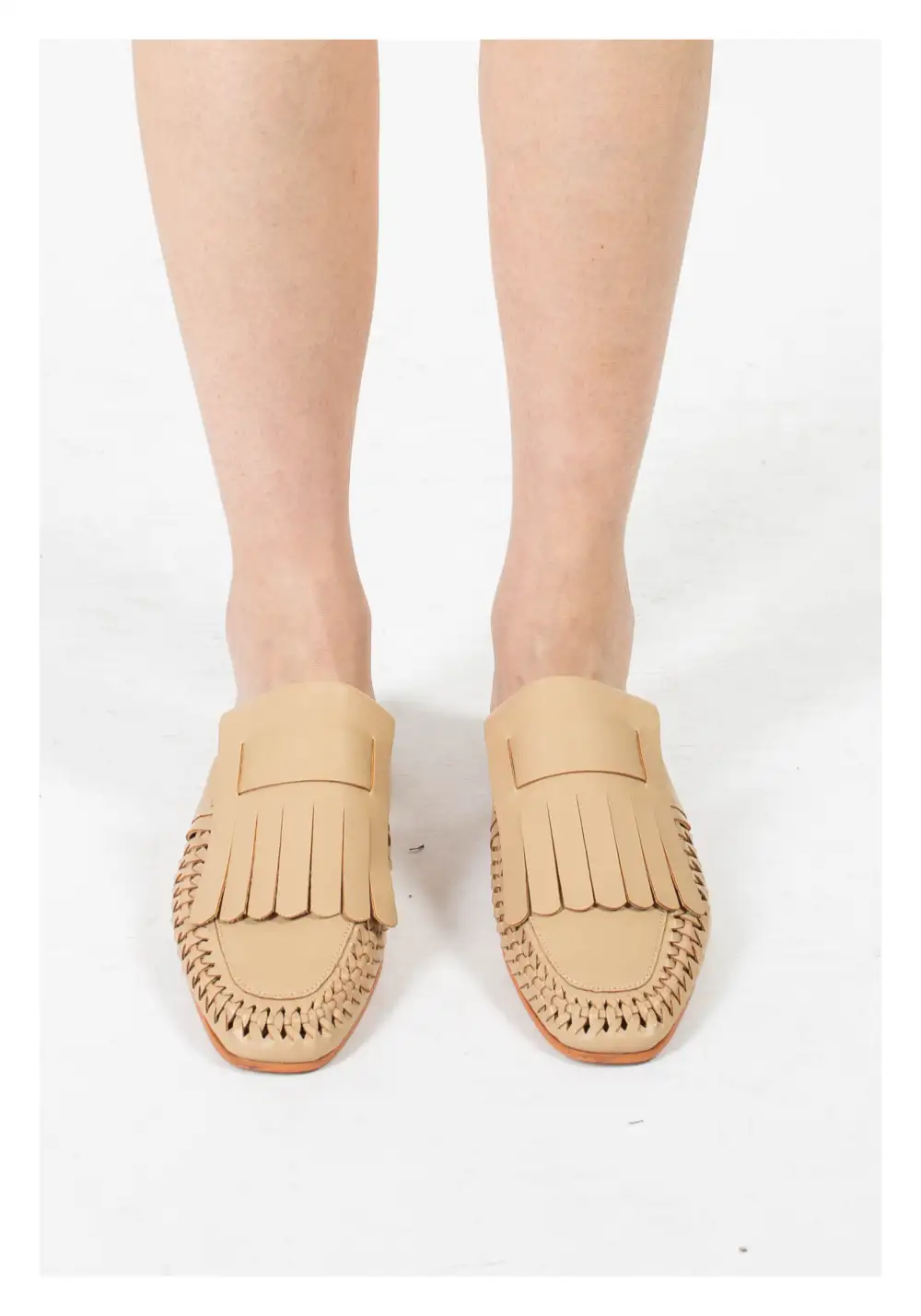 Understated Faux Leather Woven Fringe Detail Slip On Mules