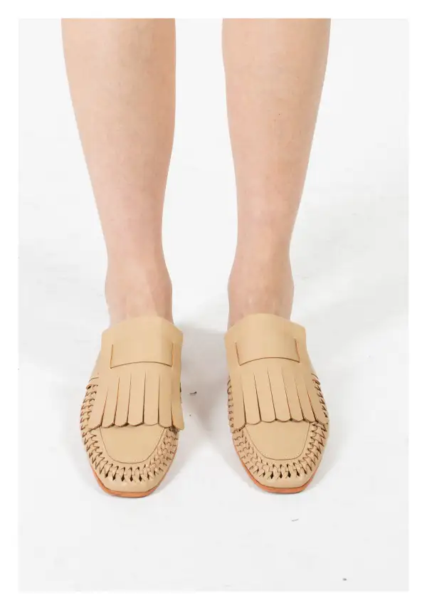 Understated Faux Leather Woven Fringe Detail Slip On Mules
