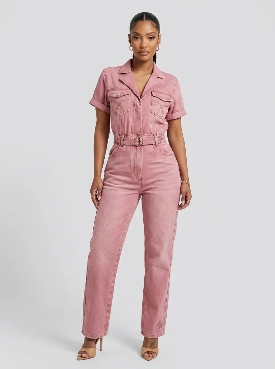 Pink Modern Minimalist Embroidered Denim Jumpsuit