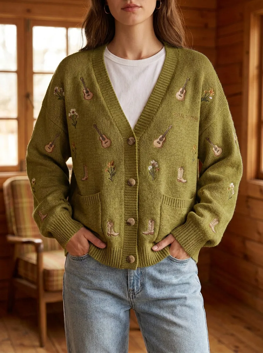 Guitar Cowboy Embroidered Country Music Cardigan