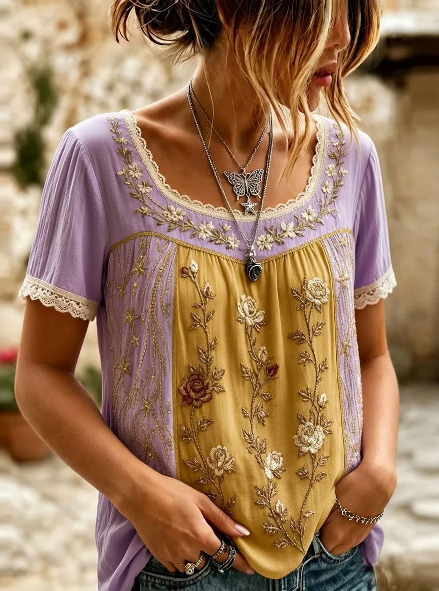Women's Floral Bohemian Star Embroidered Printed Short Sleeve T-shirt