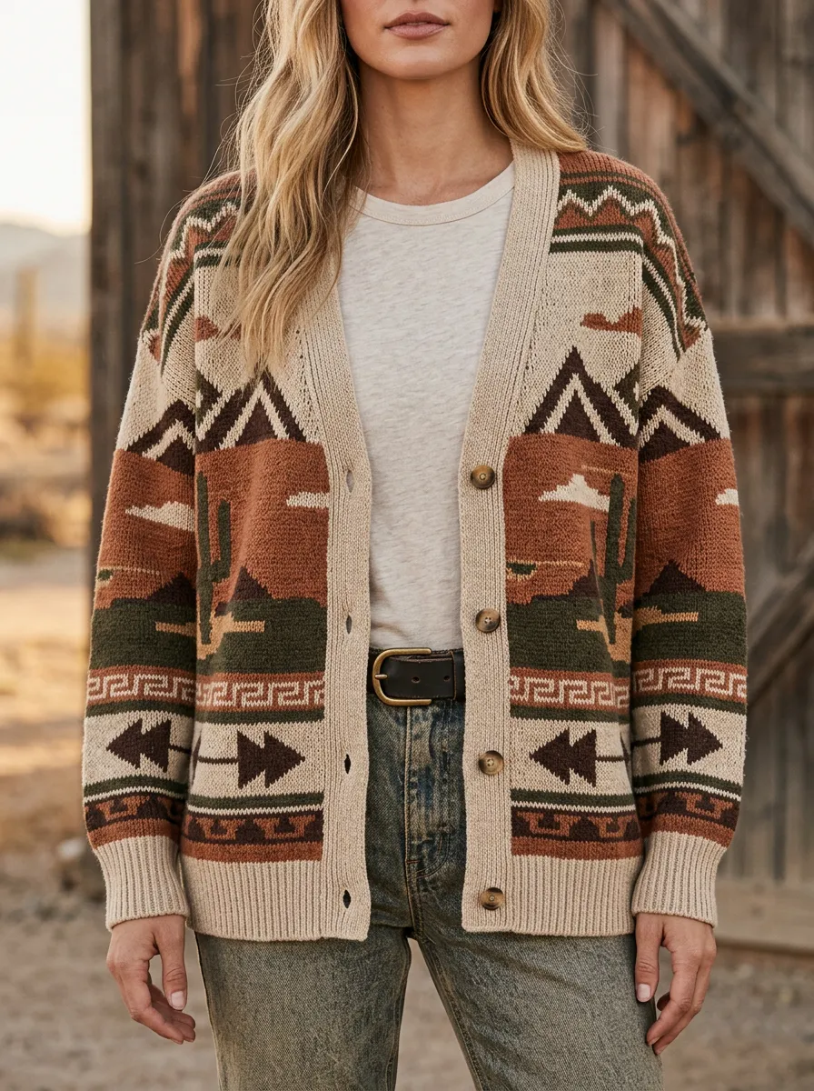Women's Western Desert Cactus Geometric Pattern Knitted Cardigan