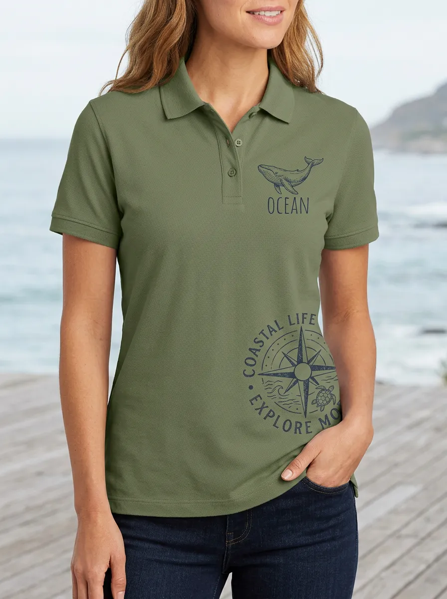 Women's Ocean Coastal Life Compass Printed Polo Shirt